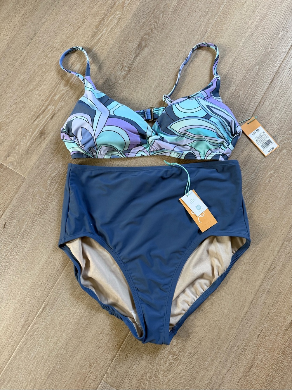 Kona Sol | NWT - High-Waist Two-Piece Swim Set in Navy and Pastel Print | Large